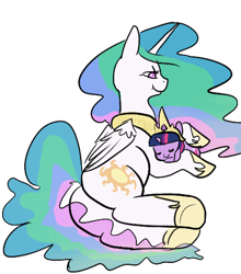 Size: 433x491 | Tagged: safe, artist:mt, character:princess celestia, character:twilight sparkle, accessory swap, cradling, crown, cute, filly, filly twilight sparkle, momlestia