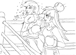 Size: 3112x2284 | Tagged: safe, artist:linedraweer, character:applejack, character:rainbow dash, species:human, boxing, boxing gloves, clothing, fight, humanized, monochrome, mouth guard
