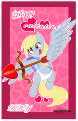 Size: 2000x3089 | Tagged: safe, artist:xwhitedreamsx, character:derpy hooves, species:pegasus, species:pony, bow (weapon), card, cupid, diaper, female, flying, holiday, mare, solo, tongue out, valentine, valentine's day, valentine's day card