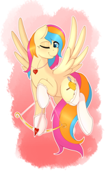 Size: 1024x1624 | Tagged: safe, artist:ratofdrawn, oc, oc only, oc:golden gates, species:pegasus, species:pony, babscon, babscon mascots, clothing, cupid, lingerie, solo, stockings, valentine's day, wink