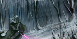 Size: 1500x774 | Tagged: safe, artist:foxinshadow, character:marble pie, species:anthro, crossover, female, forest, gray jedi, jedi, lightsaber, snow, solo, star wars, wallpaper, weapon