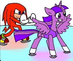 Size: 921x777 | Tagged: safe, artist:cmara, character:twilight sparkle, character:twilight sparkle (alicorn), species:alicorn, species:pony, crossover, female, ice skates, ice skating, knuckles the echidna, mare, paint tool sai, sonic the hedgehog (series)