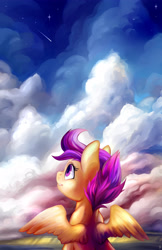 Size: 3300x5100 | Tagged: safe, artist:hobbes-maxwell, character:scootaloo, species:pegasus, species:pony, cloud, female, shooting star, solo, spread wings, wings
