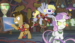 Size: 1024x588 | Tagged: safe, artist:pixelkitties, character:derpy hooves, character:doctor whooves, character:minuette, character:roseluck, character:sweetie belle, character:time turner, species:pegasus, species:pony, sweetie bot, 3d glasses, ccg, clothing, cyberbelle, doctor who, enterplay, female, glasses, mare, merchandise, robot, scarf, tardis, weeping angel