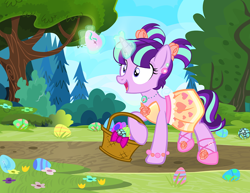 Size: 900x695 | Tagged: safe, artist:pixelkitties, character:starlight glimmer, species:pony, species:unicorn, g4, alternate hairstyle, basket, chaurus, clothing, cute, dawwww, dress, easter, egg, female, glimmerbetes, glowing horn, happy, horn, levitation, magic, magic aura, mare, necklace, open mouth, pigtails, raised hoof, skyrim, solo, telekinesis, the elder scrolls, three quarter view