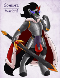 Size: 1275x1650 | Tagged: safe, artist:ambris, character:king sombra, species:anthro, species:pony, species:unguligrade anthro, species:unicorn, adventuring is magic, armor, colored pupils, grin, looking at you, male, red eyes, solo, sword, weapon