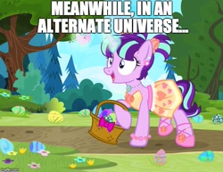 Size: 647x500 | Tagged: safe, artist:pixelkitties, edit, character:starlight glimmer, species:pony, species:unicorn, alternate universe, basket, chaurus, clothing, cute, dress, female, glimmerbetes, glowing horn, happy, horn, image macro, levitation, magic, mare, meme, necklace, open mouth, pigtails, skyrim, solo, telekinesis, the elder scrolls