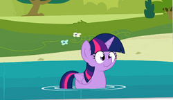 Size: 600x345 | Tagged: safe, artist:slb94, edit, character:twilight sparkle, character:twilight sparkle (alicorn), species:alicorn, species:duck, species:pony, cute, duck pony, female, mare, smiling, solo, swanlight sparkle, swimming