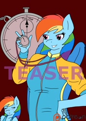 Size: 850x1200 | Tagged: safe, artist:linedraweer, character:rainbow dash, species:anthro, comic:your time in my hands, blood, clothing, comic, cover, explicit series, grimdark series, jacket, nosebleed, stopwatch, teaser, watch