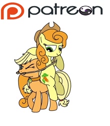 Size: 665x760 | Tagged: safe, artist:linedraweer, character:applejack, character:carrot top, character:golden harvest, angry, bit, bridle, carrotjack, collar, cutie mark, cutie mark collar, domination, female, femdom, femsub, patreon, patreon logo, pet play, pet tag, ponies riding ponies, reins, request, riding, simple background, sitting, submissive, white background