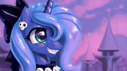 Size: 1920x1080 | Tagged: safe, artist:kp-shadowsquirrel, character:princess luna, species:pony, acne, adorkable, bow, braces, bust, collar, cute, dork, female, filly, goth, lunabetes, portrait, s1 luna, skull, solo, wallpaper, young, younger