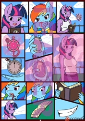 Size: 850x1200 | Tagged: safe, artist:linedraweer, character:rainbow dash, character:twilight sparkle, species:anthro, comic:your time in my hands, ship:twidash, bleeding, blood, book, comic, evil grin, explicit series, female, grimdark series, grin, lesbian, levitation, magic, mischievous, nosebleed, outdoors, rapeface, reading, repair, repairing, shipping, stopwatch, teaser, telekinesis, time stop
