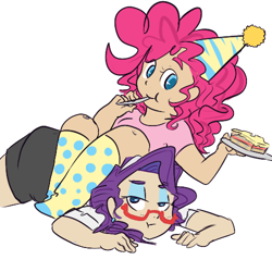Size: 500x500 | Tagged: safe, artist:mt, character:pinkie pie, character:rarity, cake, clothing, eating, food, glasses, hat, humanized, party hat, socks