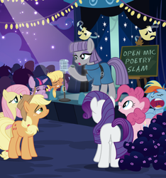 Size: 1024x1092 | Tagged: safe, artist:pixelkitties, character:applejack, character:fluttershy, character:maud pie, character:ms. harshwhinny, character:pinkie pie, character:rainbow dash, character:rarity, character:twilight sparkle, character:twilight sparkle (alicorn), species:alicorn, species:pony, bored, facehoof, female, mane six, mare, mask, microphone, night, plot, poetry, rock poetry, sleeping, spotlight, stage, unimpressed