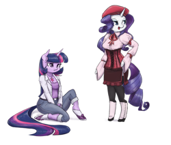 Size: 1280x1093 | Tagged: safe, artist:king-kakapo, character:rarity, character:twilight sparkle, species:anthro, species:unguligrade anthro, arm hooves, belt, boots, breasts, clothing, corset, duo, hat, hoof hands, jeans, multiple variants, necklace, open mouth, pants, ribbon, shoes, simple background, skirt, socks, stockings, white background