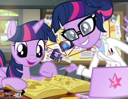 Size: 1200x927 | Tagged: safe, artist:pixelkitties, character:twilight sparkle, character:twilight sparkle (alicorn), character:twilight sparkle (scitwi), species:alicorn, species:eqg human, my little pony:equestria girls, adorkable, book, bubbles (powerpuff girls), clothing, cute, dork, duality, duo, future twilight, glasses, harley quinn, human ponidox, lab coat, open mouth, pen, ponidox, raven (teen titans), self ponidox, stargate, tara strong, timmy turner, twiabetes, twolight, voice actor joke