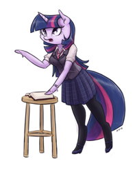 Size: 1000x1250 | Tagged: safe, artist:king-kakapo, character:twilight sparkle, species:anthro, species:unguligrade anthro, arm hooves, book, clothing, female, high heels, mary janes, multiple variants, necktie, pantyhose, plaid, pleated skirt, shoes, skirt, solo, stool, vest, watch