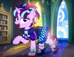 Size: 900x695 | Tagged: safe, artist:pixelkitties, character:starlight glimmer, species:pony, species:unicorn, clothing, cute, dress, fabulous, female, glam, open mouth, raised hoof, solo