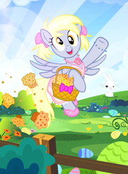 Size: 735x1000 | Tagged: safe, artist:pixelkitties, character:angel bunny, character:derpy hooves, species:pegasus, species:pony, alternate hairstyle, basket, clothing, cute, derpabetes, dress, easter, female, food, mare, muffin, open mouth, that pony sure does love muffins