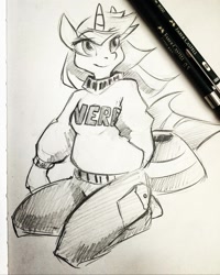 Size: 1080x1349 | Tagged: safe, artist:foxinshadow, character:twilight sparkle, species:anthro, clothing, female, nerd, sketch, solo, sweater, traditional art