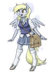 Size: 907x1280 | Tagged: safe, artist:king-kakapo, character:derpy hooves, species:anthro, species:unguligrade anthro, clothing, female, happy, multiple variants, open mouth, pleated skirt, shoes, simple background, skirt, socks, solo, sweater vest, thigh highs, white background, zettai ryouiki