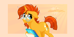 Size: 4000x2000 | Tagged: safe, artist:xwhitedreamsx, character:sunburst, species:pony, species:unicorn, episode:the crystalling, g4, my little pony: friendship is magic, blaze (coat marking), book, cel shading, facial hair, glasses, goatee, holding, looking at you, male, missing accessory, orange background, outline, simple background, socks (coat marking), solo, stallion, sunburst background, sunburst's glasses, watermark