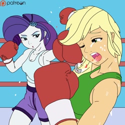 Size: 1250x1250 | Tagged: safe, artist:linedraweer, character:applejack, character:rarity, fighting is magic, my little pony:equestria girls, abuse, armpits, boxing, boxing gloves, boxing ring, fight, mouth guard, patreon, patreon logo, punch, request, ropes