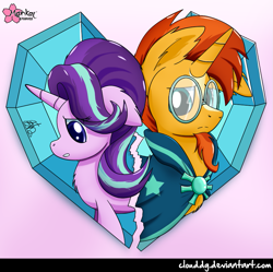 Size: 833x830 | Tagged: safe, artist:clouddg, character:starlight glimmer, character:sunburst, ship:starburst, episode:the crystalling, g4, my little pony: friendship is magic, cape, clothing, crystal heart, female, glasses, goatee, male, shipping, signature, straight