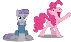 Size: 6000x3556 | Tagged: safe, artist:dashiesparkle, artist:hawk9mm, character:maud pie, character:pinkie pie, ponyscape, episode:the gift of the maud pie, g4, my little pony: friendship is magic, .svg available, absurd resolution, clothing, duo, eyes closed, open mouth, raised hoof, siblings, simple background, sisters, sitting, that was fast, transparent background, vector