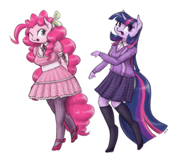 Size: 1280x1186 | Tagged: safe, artist:king-kakapo, character:pinkie pie, character:twilight sparkle, species:anthro, species:unguligrade anthro, arm hooves, clothing, cloven hooves, dress, duo, duo female, female, frilly dress, high heels, hoof hands, mary janes, multiple variants, pantyhose, plaid, pleated skirt, ribbon, simple background, skirt, socks, stockings, unshorn fetlocks, vest, white background