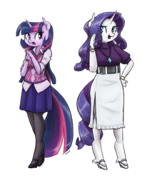 Size: 1000x1255 | Tagged: safe, artist:king-kakapo, character:rarity, character:twilight sparkle, species:anthro, species:unguligrade anthro, arm hooves, belt, bracelet, clothing, cloven hooves, duo, duo female, female, high heels, hoof hands, mary janes, multiple variants, necklace, necktie, pantyhose, pleated skirt, shoes, skirt, sweater, turtleneck, unshorn fetlocks, vest