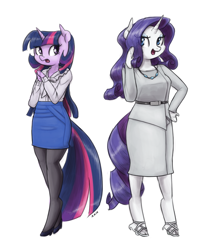 Size: 1000x1255 | Tagged: safe, artist:king-kakapo, character:rarity, character:twilight sparkle, species:anthro, species:unguligrade anthro, arm hooves, belt, blouse, business suit, businessmare, clothing, cloven hooves, duo, duo female, female, high heels, hoof hands, multiple variants, necklace, pantyhose, sandals, shoes, skirt, unshorn fetlocks