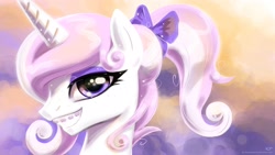 Size: 1920x1080 | Tagged: safe, artist:kp-shadowsquirrel, character:fleur-de-lis, species:pony, species:unicorn, bedroom eyes, bow, braces, cute, dawwww, female, hair bow, hnnng, looking at you, mare, ponytail, smiling, solo, teenager, wallpaper, young