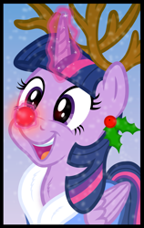 Size: 3500x5532 | Tagged: safe, artist:djdavid98, artist:pirill, character:twilight sparkle, character:twilight sparkle (alicorn), species:alicorn, species:deer, species:pony, species:reindeer, absurd resolution, antlers, border, clothing, female, holly, magic, mare, open mouth, rudolph the red nosed reindeer, simple background, snow, snowfall, solo, vector, winter