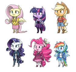 Size: 1600x1529 | Tagged: safe, artist:king-kakapo, character:applejack, character:fluttershy, character:pinkie pie, character:rainbow dash, character:rarity, character:twilight sparkle, species:anthro, species:unguligrade anthro, alternate hairstyle, arm hooves, boots, chibi, clothing, cloven hooves, dress, earring, frilly dress, high heels, hoodie, hoof hands, jacket, mane six, necklace, off shoulder, off shoulder sweater, pants, pantyhose, piercing, plaid, ribbon, scarf, shoes, short hair, shorts, skirt, sneakers, socks, suspenders, sweater, tongue out, unshorn fetlocks, watch