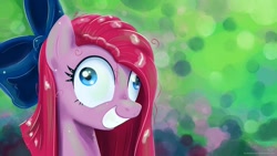 Size: 1920x1080 | Tagged: safe, artist:kp-shadowsquirrel, character:pinkamena diane pie, character:pinkie pie, bow, bust, contemplating insanity, female, insanity, portrait, solo, wallpaper