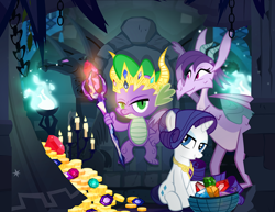 Size: 1000x773 | Tagged: safe, artist:pixelkitties, character:prominence, character:rarity, character:spike, species:dragon, species:pony, species:unicorn, episode:gauntlet of fire, g4, my little pony: friendship is magic, alternate ending, alternate hairstyle, alternate timeline, bad end, bloodstone scepter, crown, dragon lord spike, dragoness, element of generosity, gem, gold, jewel, jewels, king, looking at you, necklace, scepter, throne, treasure, tyrant