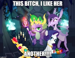 Size: 646x500 | Tagged: safe, artist:pixelkitties, edit, character:prominence, character:rarity, character:spike, species:dragon, episode:gauntlet of fire, g4, my little pony: friendship is magic, bloodstone scepter, caption, crown, dragon lord spike, element of generosity, gem, gold, image macro, impact font, jewel, jewels, looking at you, meme, necklace, scepter, text, throne, vulgar