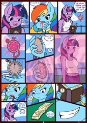 Size: 850x1200 | Tagged: safe, artist:linedraweer, character:rainbow dash, character:twilight sparkle, character:twilight sparkle (alicorn), species:alicorn, species:anthro, comic:your time in my hands, belly button, blood, book, broken, clothing, comic, evil grin, explicit series, grimdark series, grin, imminent rape, implied rape, levitation, magic, midriff, nosebleed, outdoors, rapeface, reading, stopwatch, tank top, telekinesis, time stop, warning