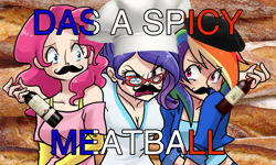 Size: 4500x2700 | Tagged: safe, artist:kianamai, edit, character:pinkie pie, character:rainbow dash, character:rarity, species:human, alcohol, baguette, beret, bottle, bread, chef's hat, clothing, fake moustache, food, france, glasses, hat, humanized, meatball, meme, mousdash, moustache, wine, wine glass