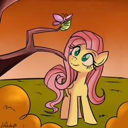 Size: 500x500 | Tagged: safe, artist:wubcakeva, character:fluttershy, butterfly, female, folded wings, looking at something, solo, tree