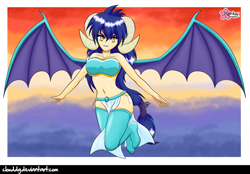 Size: 1290x900 | Tagged: safe, artist:clouddg, character:princess ember, species:human, episode:gauntlet of fire, g4, my little pony: friendship is magic, belly button, breasts, busty princess ember, clothing, female, flying, grin, horned humanization, humanized, loincloth, long hair, looking at you, midriff, partial nudity, ponytail, signature, smiling, socks, solo, spread wings, thigh highs, winged humanization, wings