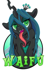 Size: 825x1275 | Tagged: safe, artist:hobbes-maxwell, character:queen chrysalis, species:changeling, bedroom eyes, cute, cutealis, female, heart, heart eyes, hoof heart, looking at you, open mouth, solo, tongue out, waifu, waifu badge, wingding eyes