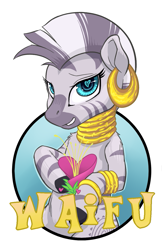 Size: 825x1275 | Tagged: safe, artist:hobbes-maxwell, character:zecora, species:zebra, cute, ear piercing, earring, female, flower, gradient background, heart, heart eyes, jewelry, piercing, simple background, solo, waifu, waifu badge, white background, wingding eyes, zecorable