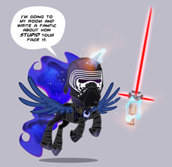 Size: 1000x966 | Tagged: safe, artist:pixelkitties, character:princess luna, crossguard lightsaber, crossover, female, kylo ren, lightsaber, mask, may the fourth be with you, solo, star wars, star wars: the force awakens, star wars: the last jedi, weapon