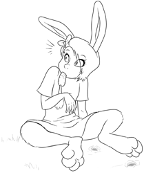 Size: 735x879 | Tagged: safe, artist:dj-black-n-white, oc, oc only, oc:cottonball, parent:rabbit, satyr, carrot, food, implied bestiality, monochrome, offspring, solo