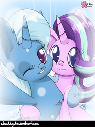 Size: 602x800 | Tagged: safe, artist:clouddg, character:starlight glimmer, character:trixie, species:pony, species:unicorn, ship:startrix, episode:no second prances, g4, my little pony: friendship is magic, best friends, bff, chest fluff, cute, diatrixes, female, glimmerbetes, hug, impossibly large ears, lesbian, mare, one eye closed, selfie, shipping, signature, wink