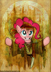 Size: 600x854 | Tagged: safe, artist:foxinshadow, character:pinkie pie, species:earth pony, species:pony, friendship is witchcraft, abstract background, bipedal, clothing, female, gypsy pie, knife, mare, romani, solo