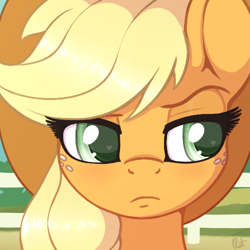 Size: 500x500 | Tagged: source needed, safe, artist:ratofdrawn, character:applejack, species:pony, clothing, cowboy hat, female, freckles, frown, hat, mare, solo, stetson, unconvinced applejack, wingding eyes