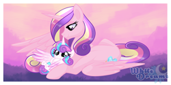 Size: 3232x1622 | Tagged: safe, artist:xwhitedreamsx, character:princess cadance, character:princess flurry heart, caring eyes, cute, cutedance, flurrybetes, mama cadence, missing accessory, mother and daughter, on back, prone, smiling, spread wings, underhoof, wings